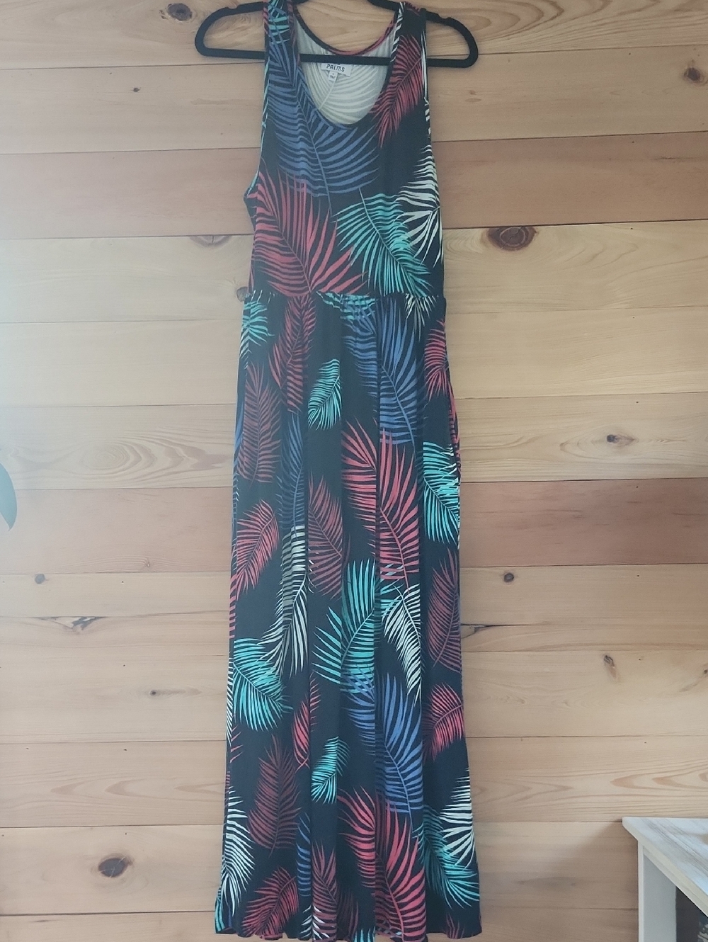 Tropical Palm Print Maxi Dress - Black with Teal, Coral & White w/pockets